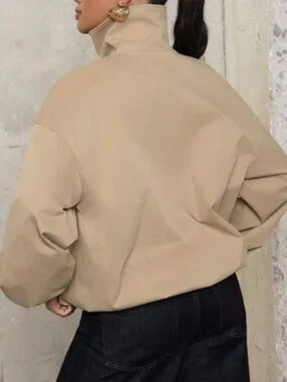 Khaki Casual Women's Oversized Zip Trucker Jacket